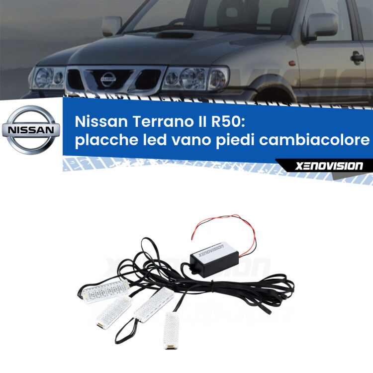 <strong>Kit placche LED cambiacolore vano piedi Nissan Terrano II</strong> R50 1997 - 2004. 4 placche <strong>Bluetooth</strong> con app Android /iOS.