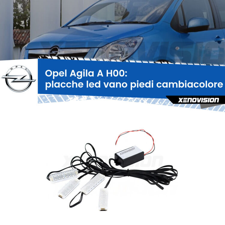 <strong>Kit placche LED cambiacolore vano piedi Opel Agila A</strong> H00 2000 - 2007. 4 placche <strong>Bluetooth</strong> con app Android /iOS.