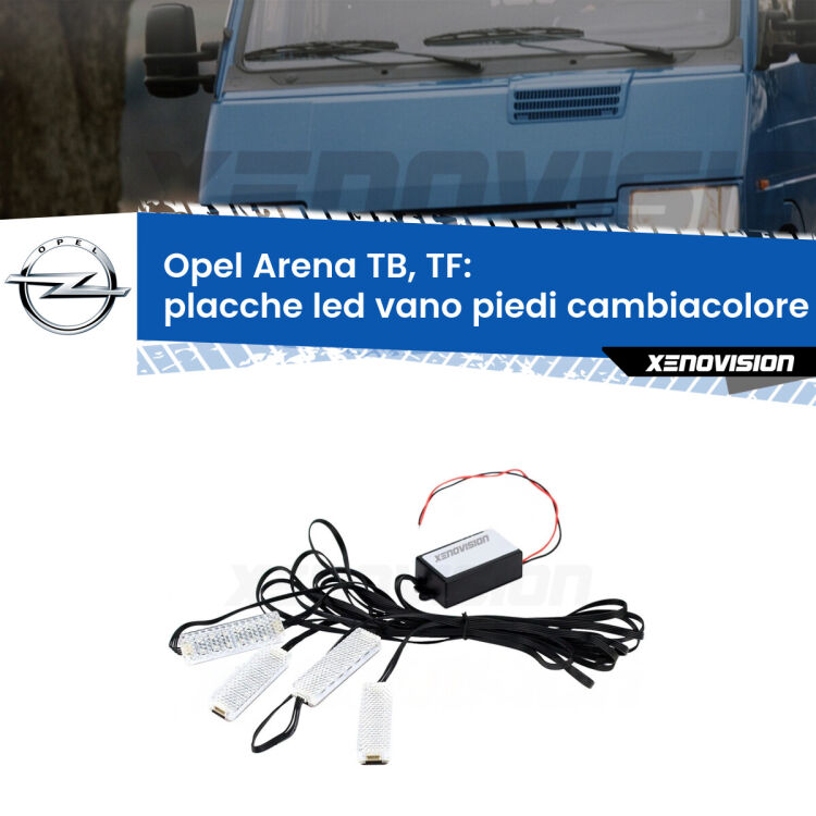 <strong>Kit placche LED cambiacolore vano piedi Opel Arena</strong> TB, TF 1998 - 2001. 4 placche <strong>Bluetooth</strong> con app Android /iOS.