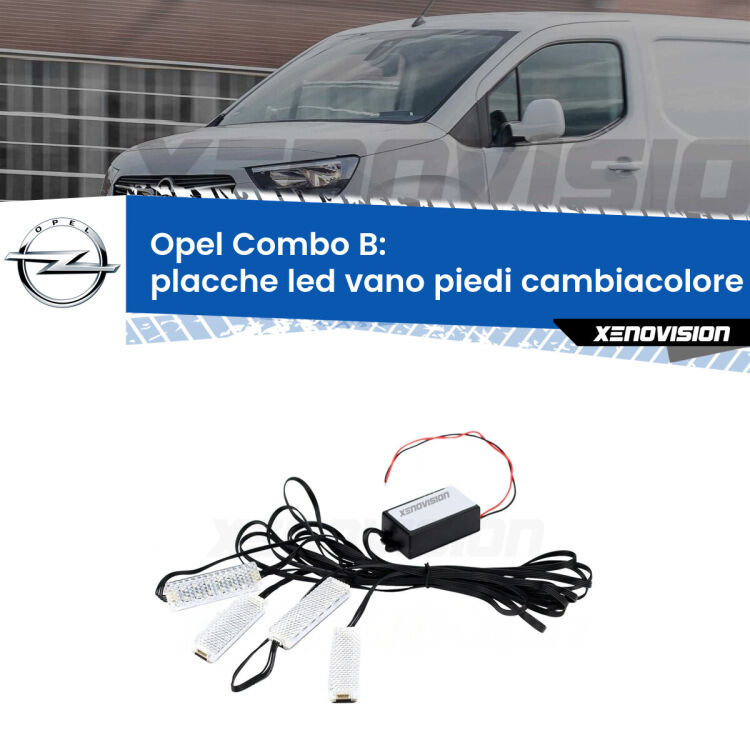 <strong>Kit placche LED cambiacolore vano piedi Opel Combo B</strong>  1994 - 2001. 4 placche <strong>Bluetooth</strong> con app Android /iOS.