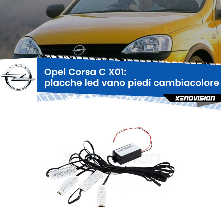 <strong>Kit placche LED cambiacolore vano piedi Opel Corsa C</strong> X01 2000 - 2006. 4 placche <strong>Bluetooth</strong> con app Android /iOS.