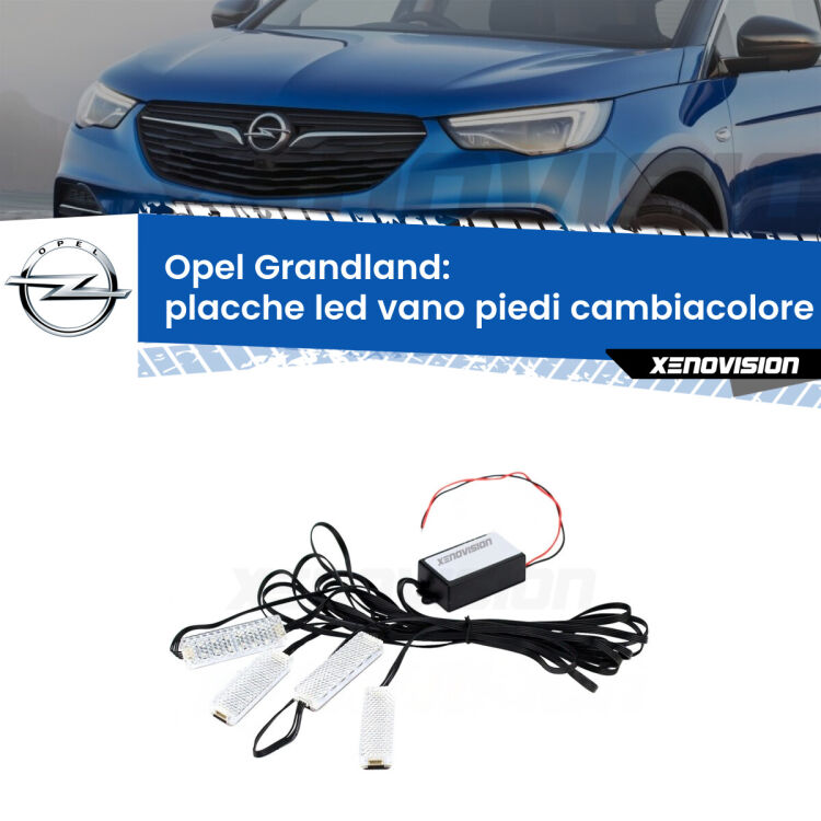 <strong>Kit placche LED cambiacolore vano piedi Opel Grandland</strong>  2017 in poi. 4 placche <strong>Bluetooth</strong> con app Android /iOS.