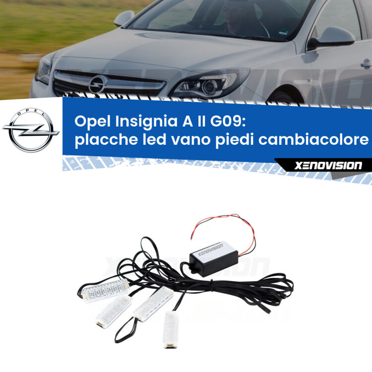 <strong>Kit placche LED cambiacolore vano piedi Opel Insignia A II</strong> G09 2014 - 2017. 4 placche <strong>Bluetooth</strong> con app Android /iOS.