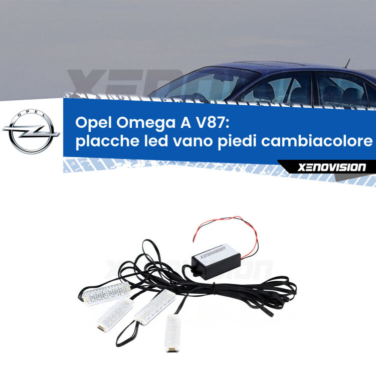 <strong>Kit placche LED cambiacolore vano piedi Opel Omega A</strong> V87 1986 - 1994. 4 placche <strong>Bluetooth</strong> con app Android /iOS.