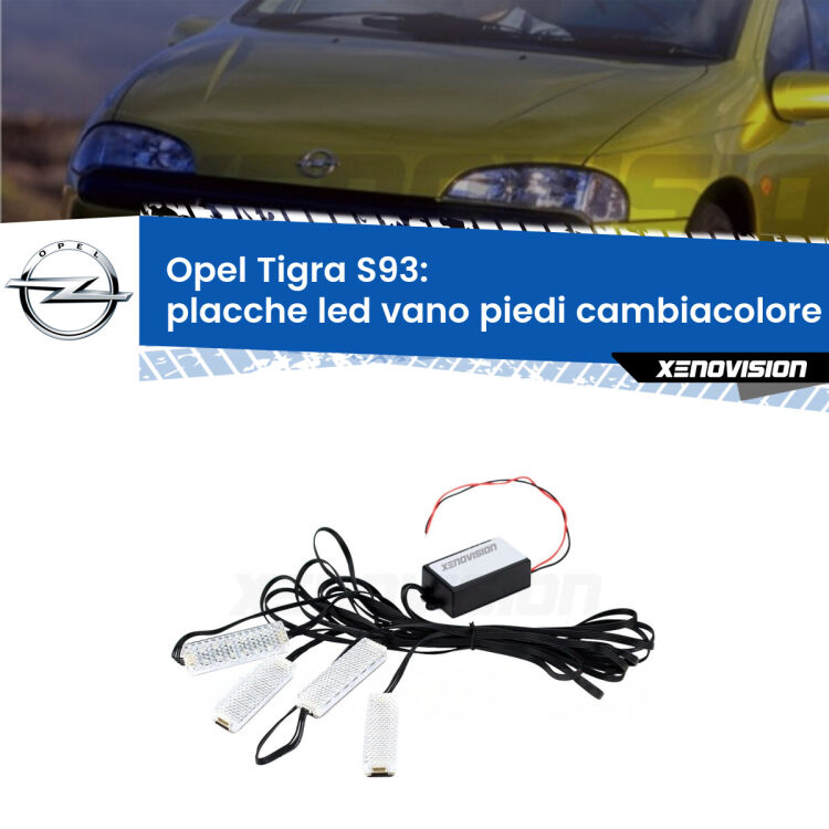 <strong>Kit placche LED cambiacolore vano piedi Opel Tigra</strong> S93 1994 - 2000. 4 placche <strong>Bluetooth</strong> con app Android /iOS.