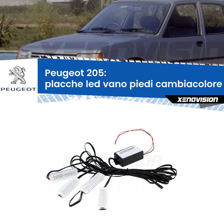 <strong>Kit placche LED cambiacolore vano piedi Peugeot 205</strong>  1983 - 1999. 4 placche <strong>Bluetooth</strong> con app Android /iOS.