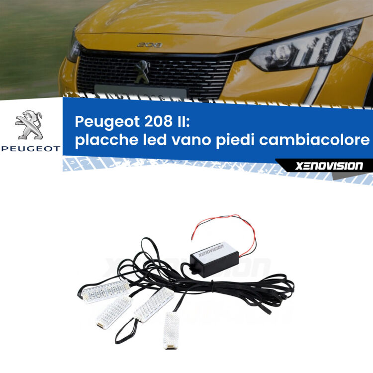 <strong>Kit placche LED cambiacolore vano piedi Peugeot 208</strong> II 2019 in poi. 4 placche <strong>Bluetooth</strong> con app Android /iOS.