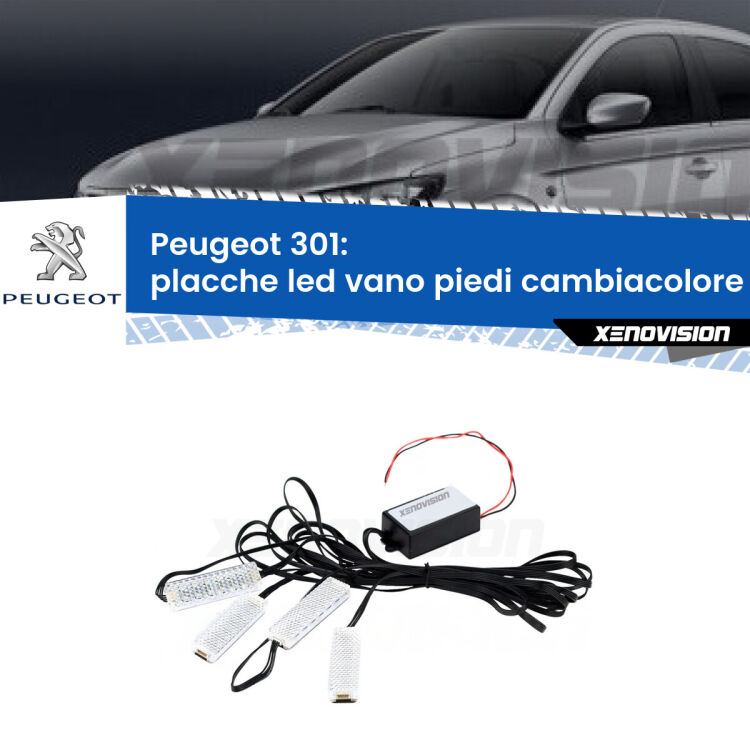 <strong>Kit placche LED cambiacolore vano piedi Peugeot 301</strong>  2012 - 2017. 4 placche <strong>Bluetooth</strong> con app Android /iOS.