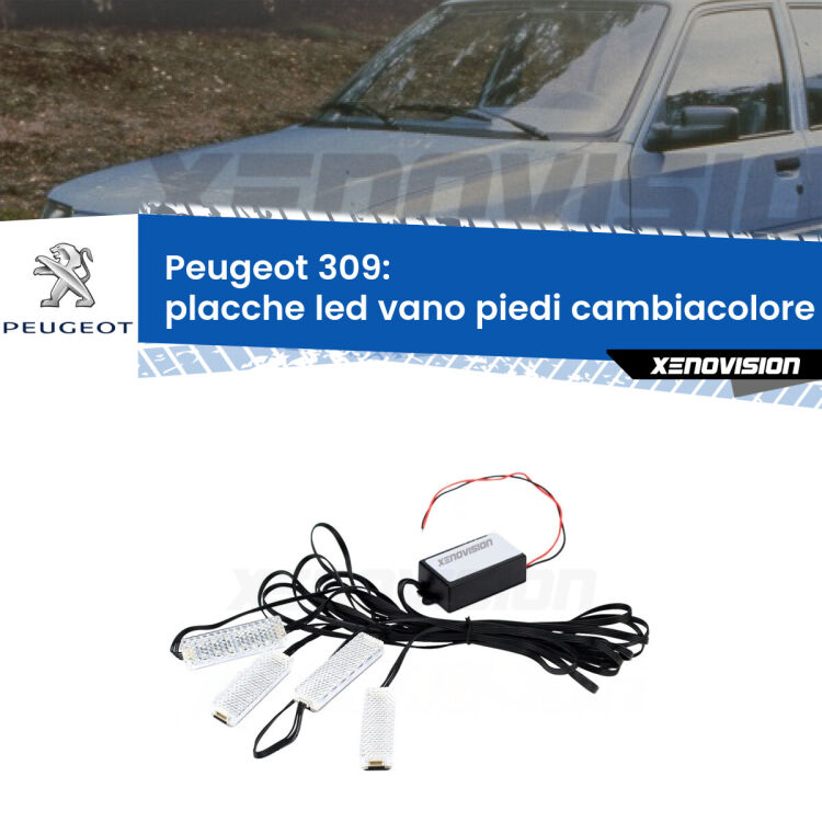 <strong>Kit placche LED cambiacolore vano piedi Peugeot 309</strong>  1989 - 1993. 4 placche <strong>Bluetooth</strong> con app Android /iOS.