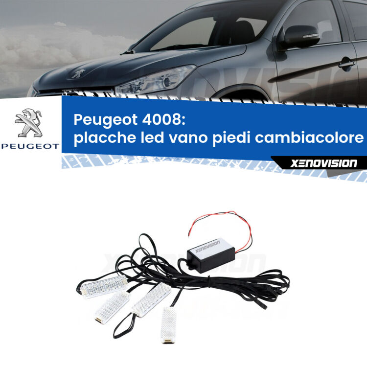 <strong>Kit placche LED cambiacolore vano piedi Peugeot 4008</strong>  2012 in poi. 4 placche <strong>Bluetooth</strong> con app Android /iOS.