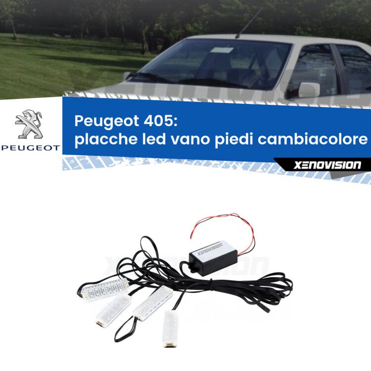 <strong>Kit placche LED cambiacolore vano piedi Peugeot 405</strong>  1987 - 1997. 4 placche <strong>Bluetooth</strong> con app Android /iOS.