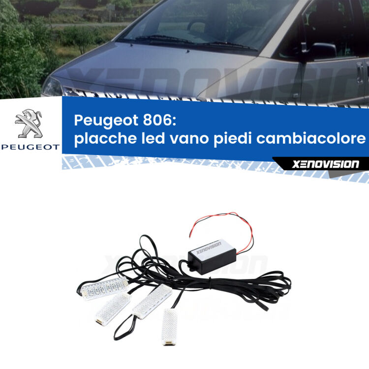 <strong>Kit placche LED cambiacolore vano piedi Peugeot 806</strong>  1994 - 2002. 4 placche <strong>Bluetooth</strong> con app Android /iOS.