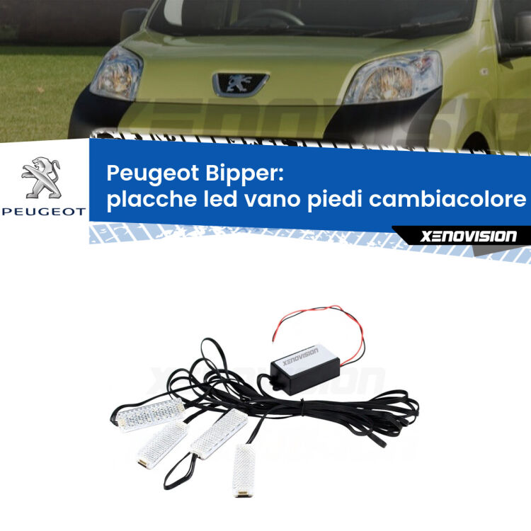 <strong>Kit placche LED cambiacolore vano piedi Peugeot Bipper</strong>  2008 in poi. 4 placche <strong>Bluetooth</strong> con app Android /iOS.