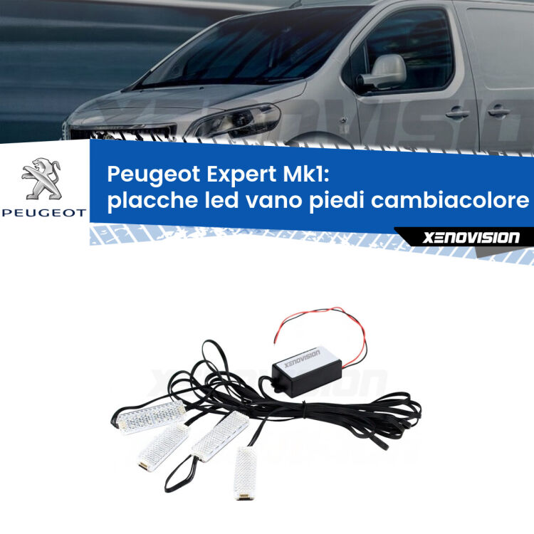 <strong>Kit placche LED cambiacolore vano piedi Peugeot Expert</strong> Mk1 1996 - 2006. 4 placche <strong>Bluetooth</strong> con app Android /iOS.