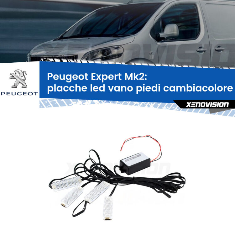 <strong>Kit placche LED cambiacolore vano piedi Peugeot Expert</strong> Mk2 2007 - 2015. 4 placche <strong>Bluetooth</strong> con app Android /iOS.