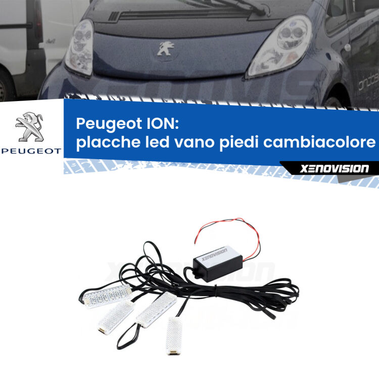 <strong>Kit placche LED cambiacolore vano piedi Peugeot ION</strong>  2010 - 2019. 4 placche <strong>Bluetooth</strong> con app Android /iOS.