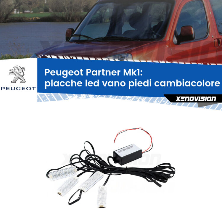 <strong>Kit placche LED cambiacolore vano piedi Peugeot Partner</strong> Mk1 1996 - 2007. 4 placche <strong>Bluetooth</strong> con app Android /iOS.