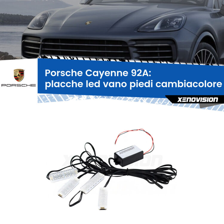 <strong>Kit placche LED cambiacolore vano piedi Porsche Cayenne</strong> 92A 2010 in poi. 4 placche <strong>Bluetooth</strong> con app Android /iOS.