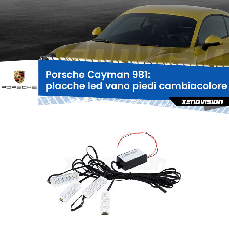 <strong>Kit placche LED cambiacolore vano piedi Porsche Cayman</strong> 981 2013 in poi. 4 placche <strong>Bluetooth</strong> con app Android /iOS.