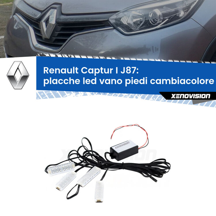 <strong>Kit placche LED cambiacolore vano piedi Renault Captur I</strong> J87 2013 - 2018. 4 placche <strong>Bluetooth</strong> con app Android /iOS.