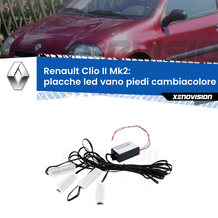 <strong>Kit placche LED cambiacolore vano piedi Renault Clio II</strong> Mk2 1998 - 2004. 4 placche <strong>Bluetooth</strong> con app Android /iOS.