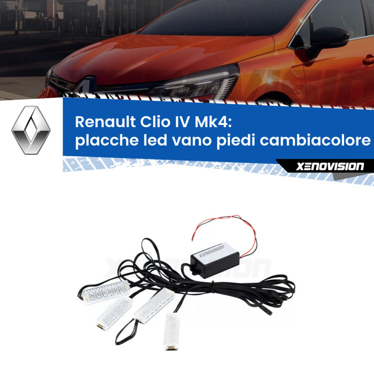 <strong>Kit placche LED cambiacolore vano piedi Renault Clio IV</strong> Mk4 2012 - 2018. 4 placche <strong>Bluetooth</strong> con app Android /iOS.