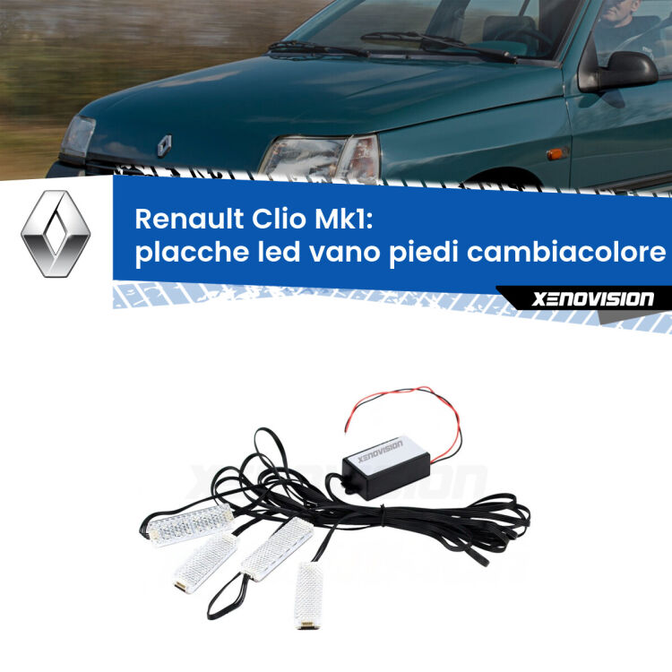 <strong>Kit placche LED cambiacolore vano piedi Renault Clio</strong> Mk1 1990 - 1998. 4 placche <strong>Bluetooth</strong> con app Android /iOS.