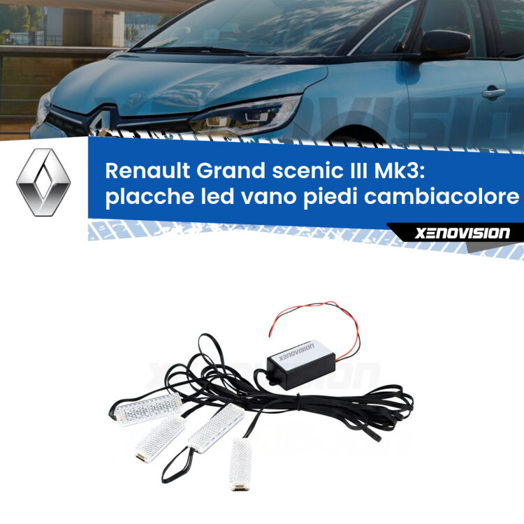 <strong>Kit placche LED cambiacolore vano piedi Renault Grand scenic III</strong> Mk3 2009 - 2015. 4 placche <strong>Bluetooth</strong> con app Android /iOS.