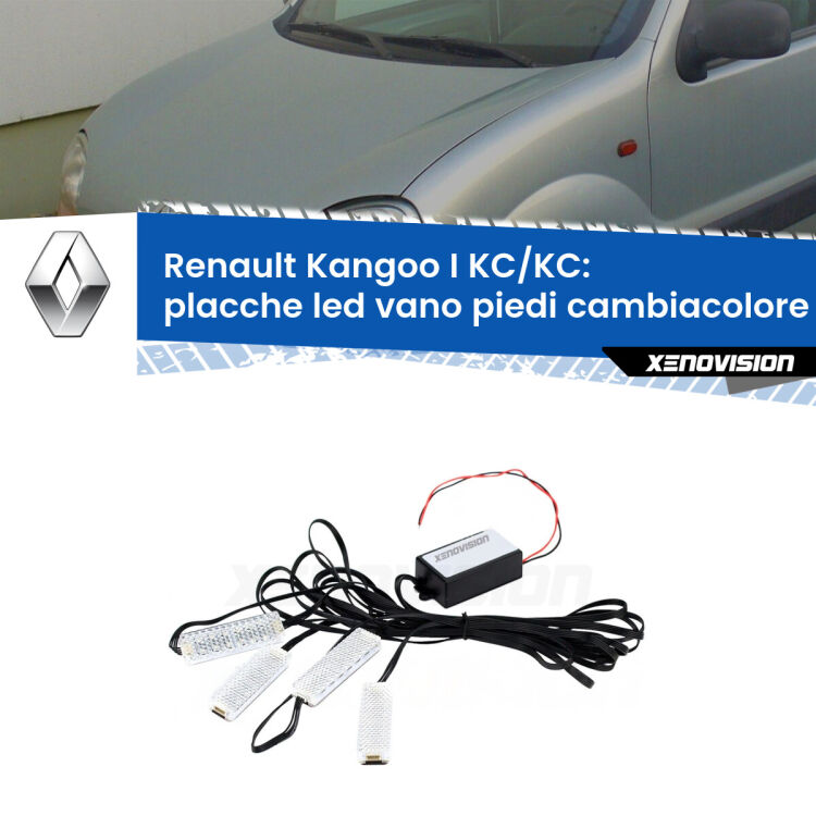 <strong>Kit placche LED cambiacolore vano piedi Renault Kangoo I</strong> KC/KC 1997 - 2007. 4 placche <strong>Bluetooth</strong> con app Android /iOS.