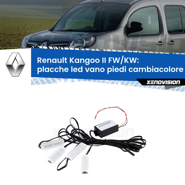 <strong>Kit placche LED cambiacolore vano piedi Renault Kangoo II</strong> FW/KW 2008 - 2020. 4 placche <strong>Bluetooth</strong> con app Android /iOS.