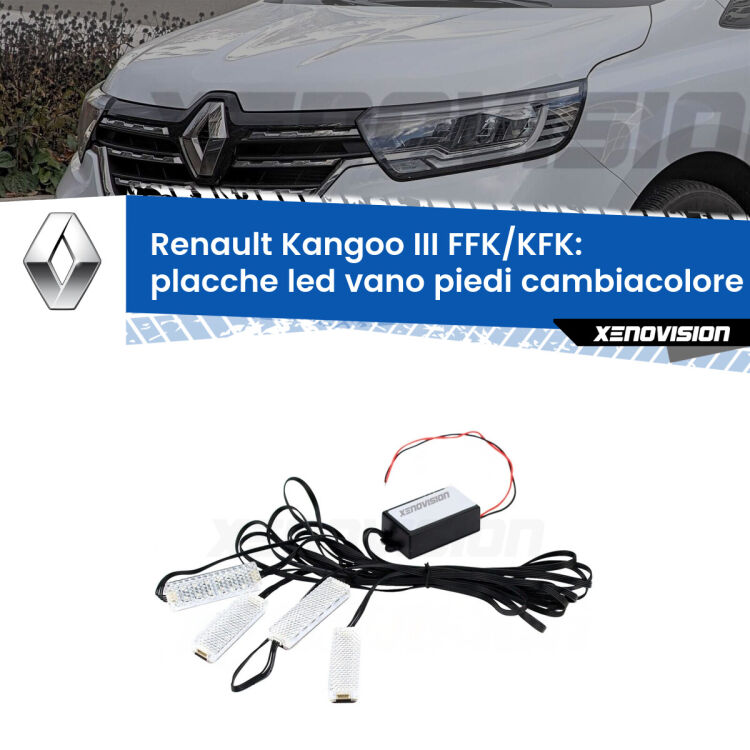 <strong>Kit placche LED cambiacolore vano piedi Renault Kangoo III</strong> FFK/KFK 2021 in poi. 4 placche <strong>Bluetooth</strong> con app Android /iOS.