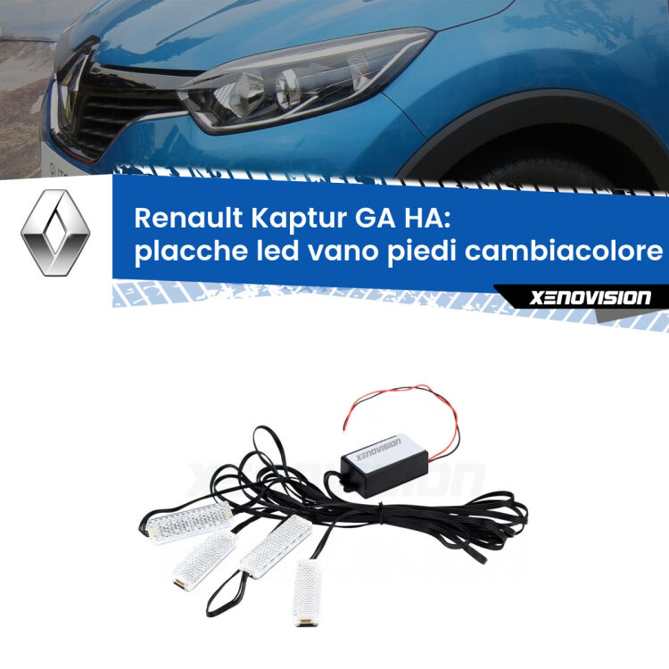 <strong>Kit placche LED cambiacolore vano piedi Renault Kaptur GA</strong> HA 2016 - 2023. 4 placche <strong>Bluetooth</strong> con app Android /iOS.