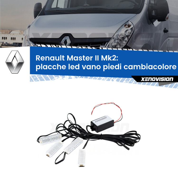 <strong>Kit placche LED cambiacolore vano piedi Renault Master II</strong> Mk2 1998 - 2009. 4 placche <strong>Bluetooth</strong> con app Android /iOS.