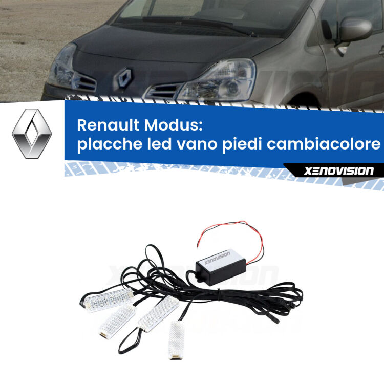 <strong>Kit placche LED cambiacolore vano piedi Renault Modus</strong>  2004 - 2012. 4 placche <strong>Bluetooth</strong> con app Android /iOS.