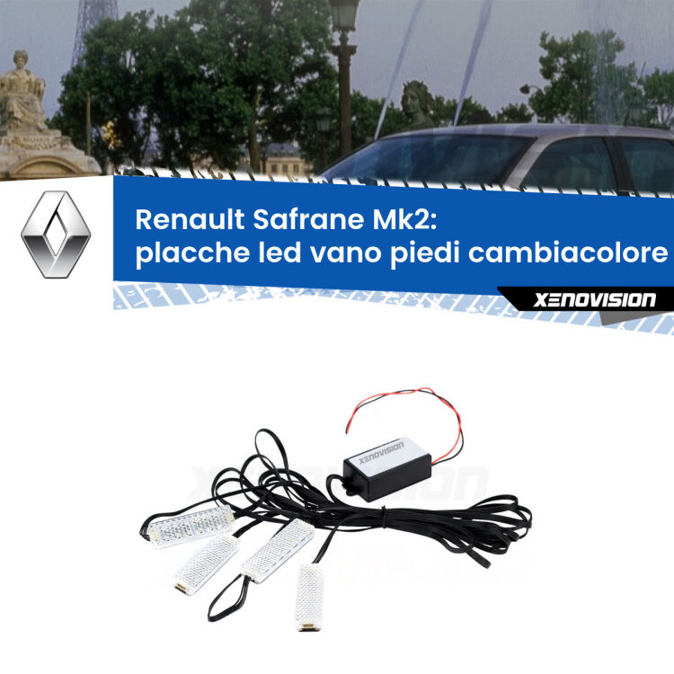 <strong>Kit placche LED cambiacolore vano piedi Renault Safrane</strong> Mk2 1996 - 2000. 4 placche <strong>Bluetooth</strong> con app Android /iOS.