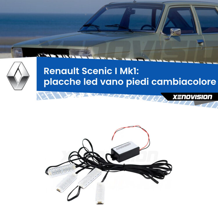 <strong>Kit placche LED cambiacolore vano piedi Renault Scenic I</strong> Mk1 1996 - 2002. 4 placche <strong>Bluetooth</strong> con app Android /iOS.