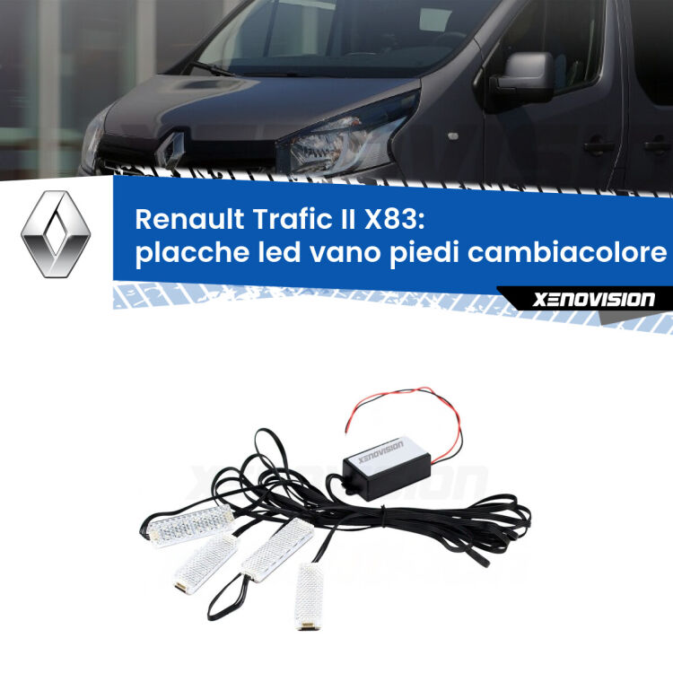 <strong>Kit placche LED cambiacolore vano piedi Renault Trafic II</strong> X83 2001 - 2013. 4 placche <strong>Bluetooth</strong> con app Android /iOS.