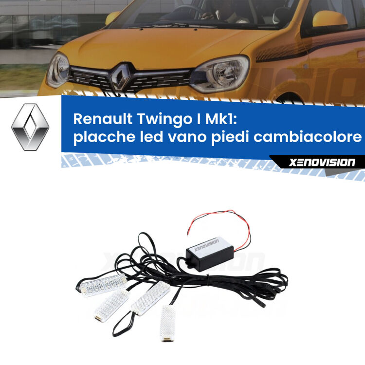 <strong>Kit placche LED cambiacolore vano piedi Renault Twingo I</strong> Mk1 1993 - 2006. 4 placche <strong>Bluetooth</strong> con app Android /iOS.