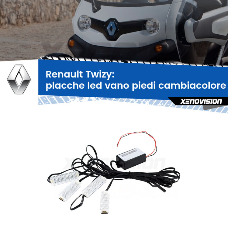 <strong>Kit placche LED cambiacolore vano piedi Renault Twizy</strong>  2012 in poi. 4 placche <strong>Bluetooth</strong> con app Android /iOS.