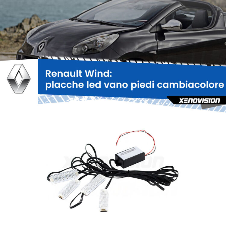 <strong>Kit placche LED cambiacolore vano piedi Renault Wind</strong>  2010 - 2013. 4 placche <strong>Bluetooth</strong> con app Android /iOS.