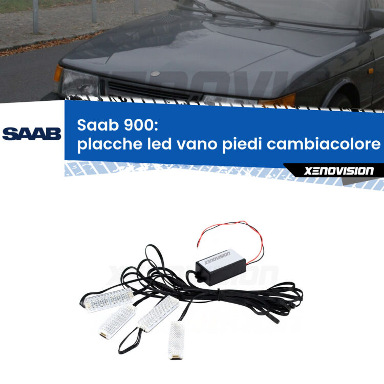 <strong>Kit placche LED cambiacolore vano piedi Saab 900</strong>  1993 - 1998. 4 placche <strong>Bluetooth</strong> con app Android /iOS.