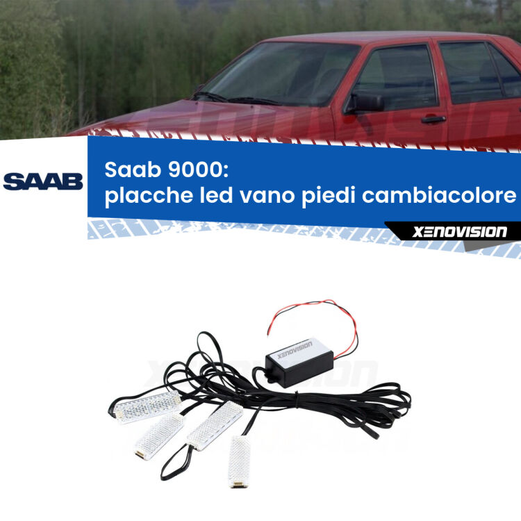 <strong>Kit placche LED cambiacolore vano piedi Saab 9000</strong>  1985 - 1998. 4 placche <strong>Bluetooth</strong> con app Android /iOS.