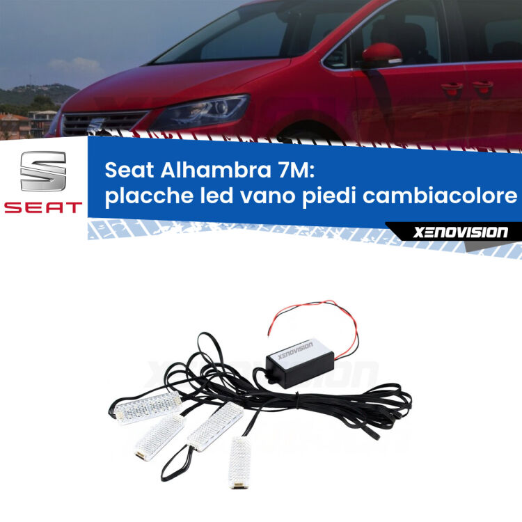 <strong>Kit placche LED cambiacolore vano piedi Seat Alhambra</strong> 7M 1996 - 2010. 4 placche <strong>Bluetooth</strong> con app Android /iOS.