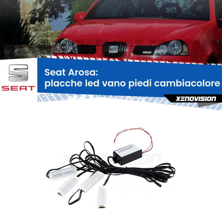 <strong>Kit placche LED cambiacolore vano piedi Seat Arosa</strong>  1997 - 2004. 4 placche <strong>Bluetooth</strong> con app Android /iOS.