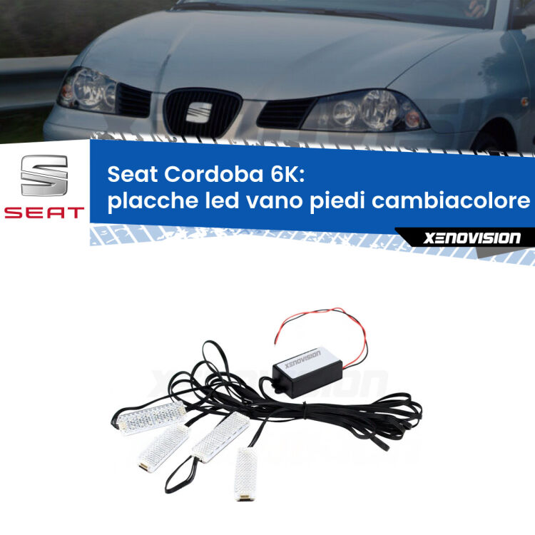 <strong>Kit placche LED cambiacolore vano piedi Seat Cordoba</strong> 6K 1993 - 2002. 4 placche <strong>Bluetooth</strong> con app Android /iOS.