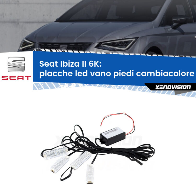 <strong>Kit placche LED cambiacolore vano piedi Seat Ibiza II</strong> 6K 1993 - 2002. 4 placche <strong>Bluetooth</strong> con app Android /iOS.