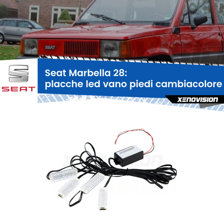 <strong>Kit placche LED cambiacolore vano piedi Seat Marbella</strong> 28 1986 - 1998. 4 placche <strong>Bluetooth</strong> con app Android /iOS.