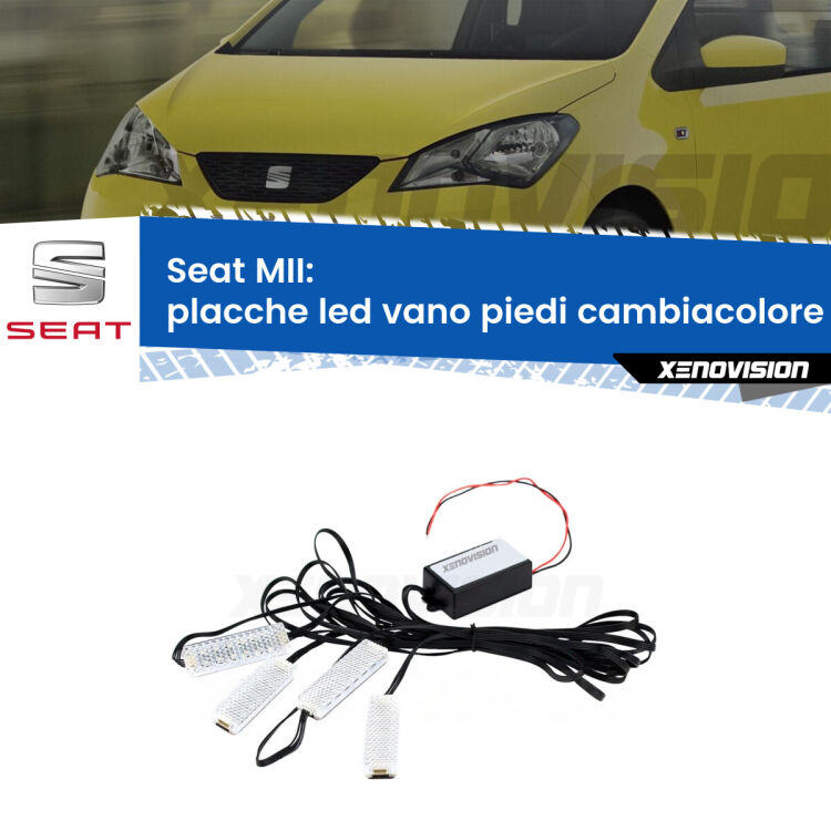 <strong>Kit placche LED cambiacolore vano piedi Seat MII</strong>  2011 - 2021. 4 placche <strong>Bluetooth</strong> con app Android /iOS.