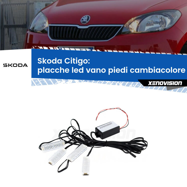 <strong>Kit placche LED cambiacolore vano piedi Skoda Citigo</strong>  2011 - 2020. 4 placche <strong>Bluetooth</strong> con app Android /iOS.