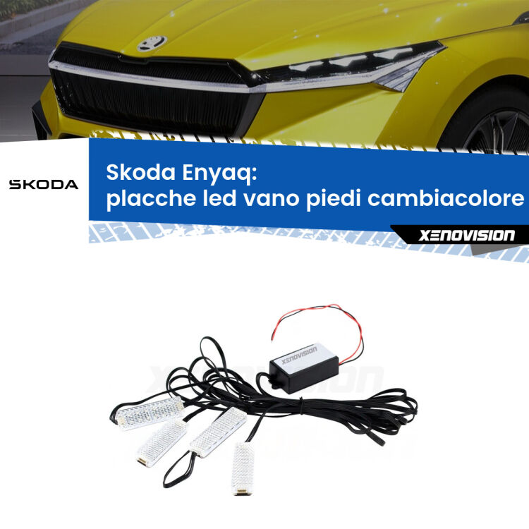 <strong>Kit placche LED cambiacolore vano piedi Skoda Enyaq</strong>  2020 in poi. 4 placche <strong>Bluetooth</strong> con app Android /iOS.